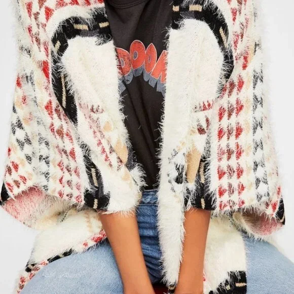 Free People fuzzy Canyonland Kimono with fringe Ivory Combo, One Size - Picture 2 of 8